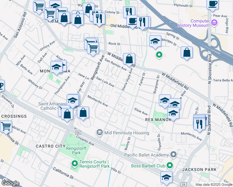 map of restaurants, bars, coffee shops, grocery stores, and more near 342 Sierra Vista Avenue in Mountain View