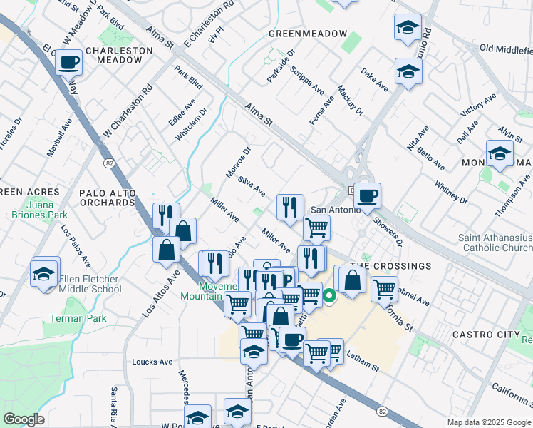 map of restaurants, bars, coffee shops, grocery stores, and more near 390 Del Medio Avenue in Mountain View