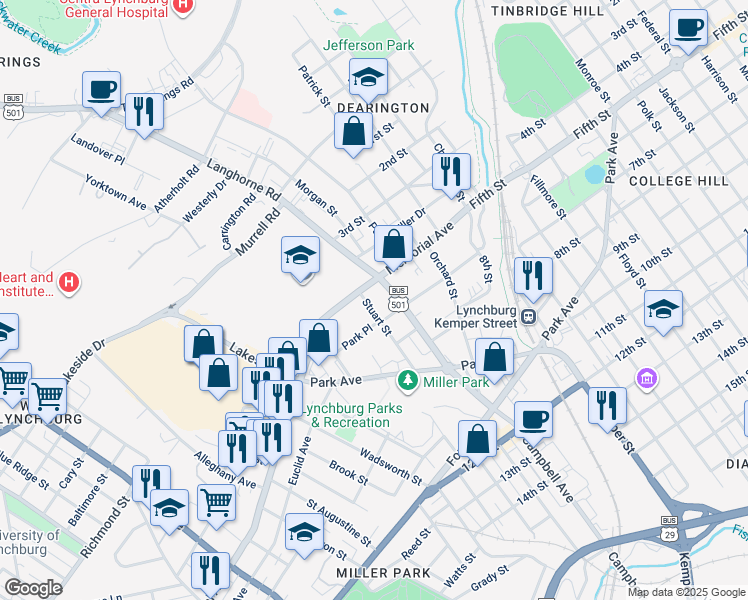 map of restaurants, bars, coffee shops, grocery stores, and more near 508a Stuart Street in Lynchburg