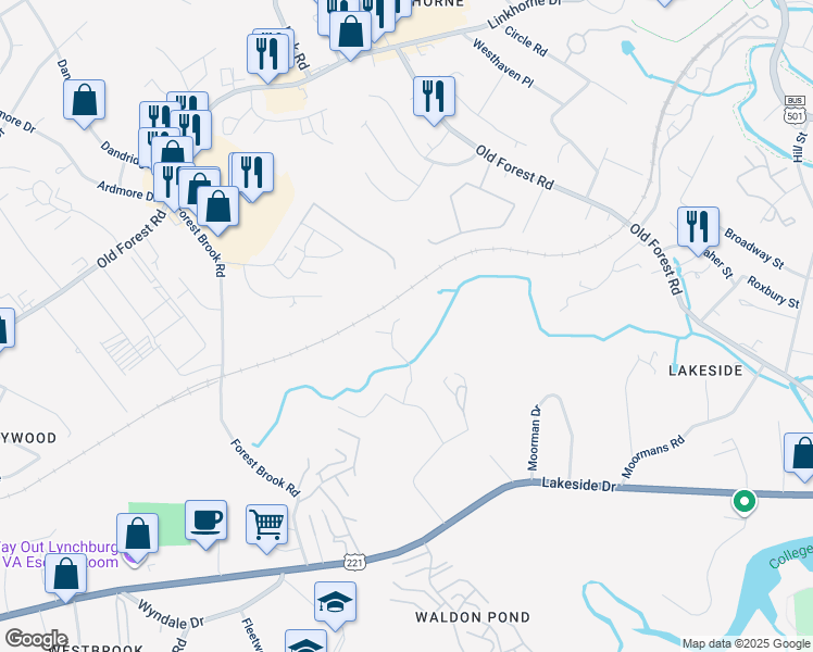 map of restaurants, bars, coffee shops, grocery stores, and more near 118 Brenleigh Court in Lynchburg