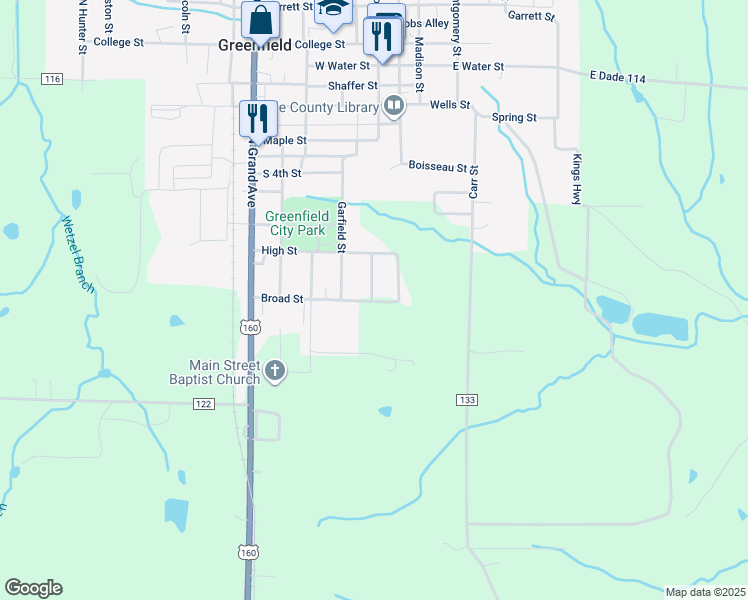map of restaurants, bars, coffee shops, grocery stores, and more near Broad St in Greenfield