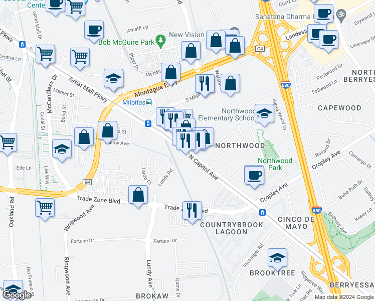 map of restaurants, bars, coffee shops, grocery stores, and more near N Capitol Ave & Trimble Rd in San Jose