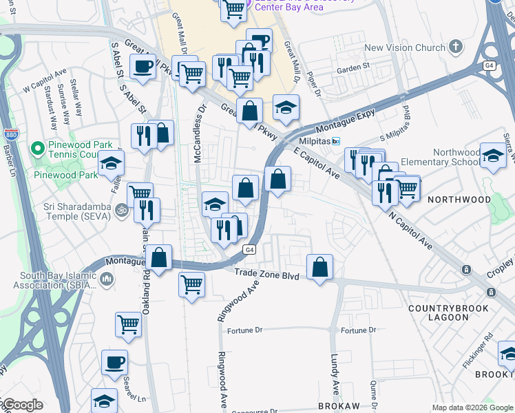 map of restaurants, bars, coffee shops, grocery stores, and more near 361 Montague Expressway in Milpitas