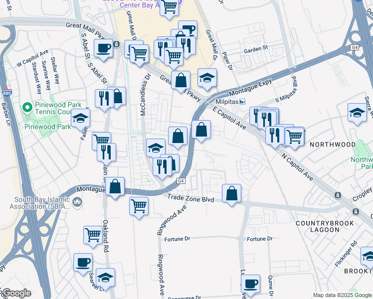map of restaurants, bars, coffee shops, grocery stores, and more near 361 Montague Expressway in Milpitas