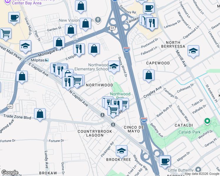 map of restaurants, bars, coffee shops, grocery stores, and more near 2015 Lakewood Drive in San Jose