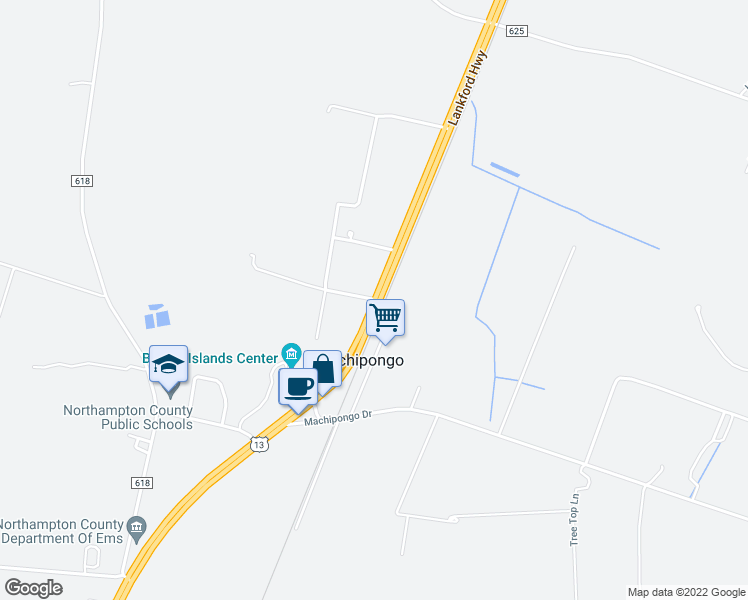 map of restaurants, bars, coffee shops, grocery stores, and more near 12402 Charles M Lankford Jr Memorial Hwy in Machipongo
