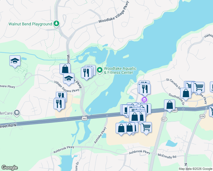 map of restaurants, bars, coffee shops, grocery stores, and more near 218 Water Pointe Court in Midlothian