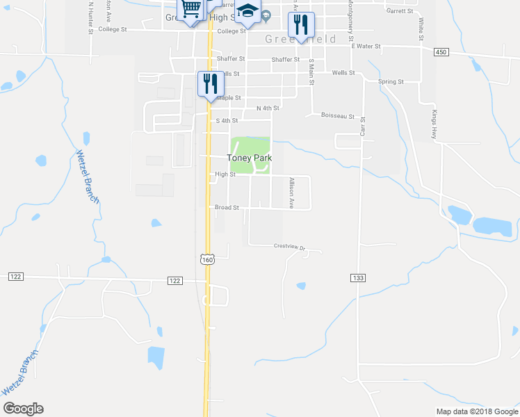 map of restaurants, bars, coffee shops, grocery stores, and more near Broad Street in Greenfield