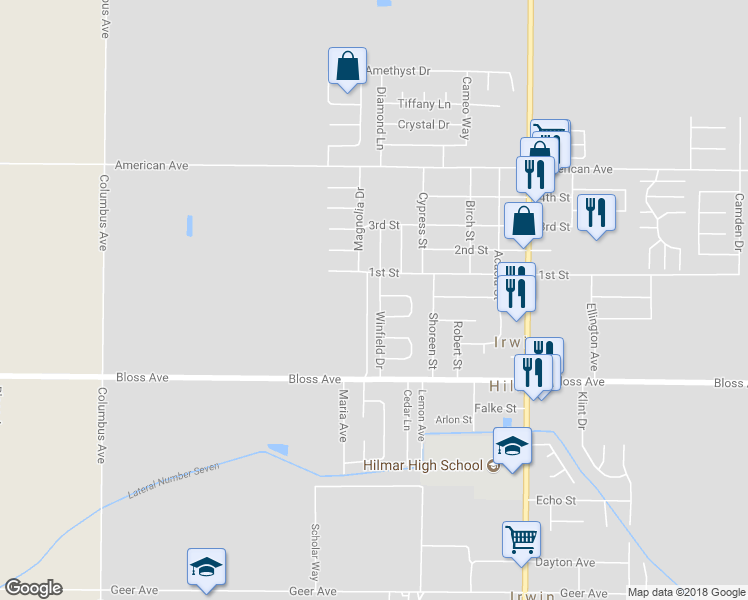 map of restaurants, bars, coffee shops, grocery stores, and more near 8187 Winfield Drive in Hilmar