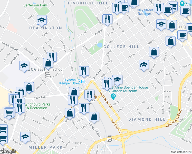 map of restaurants, bars, coffee shops, grocery stores, and more near 1600 Park Ave in Lynchburg