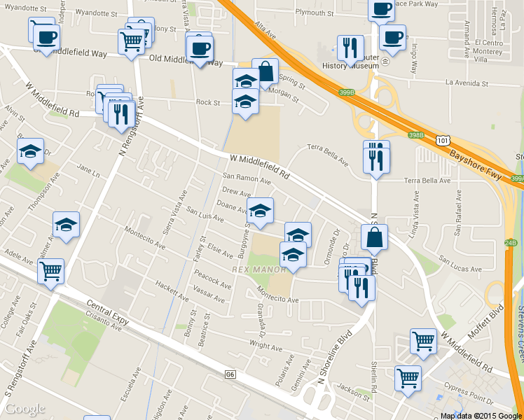 map of restaurants, bars, coffee shops, grocery stores, and more near 920 San Marcos Circle in Mountain View