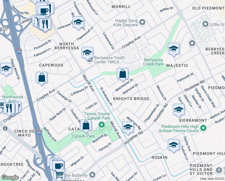 map of restaurants, bars, coffee shops, grocery stores, and more near 3053 Melchester Drive in San Jose