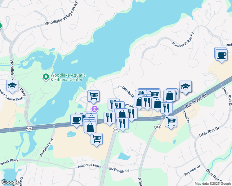 map of restaurants, bars, coffee shops, grocery stores, and more near 6525 Southshore Drive in Midlothian