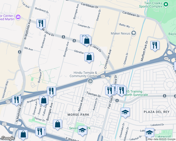 map of restaurants, bars, coffee shops, grocery stores, and more near 1221 Innsbruck Drive in Sunnyvale