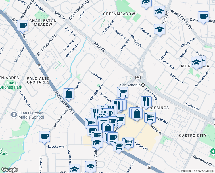 map of restaurants, bars, coffee shops, grocery stores, and more near 2650 California Street in Mountain View