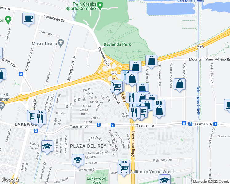 map of restaurants, bars, coffee shops, grocery stores, and more near 1280 Persian Drive in Sunnyvale