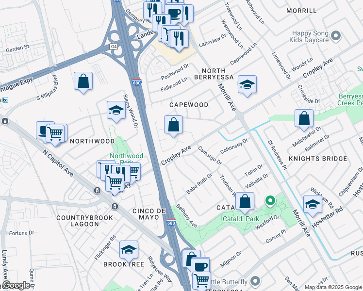 map of restaurants, bars, coffee shops, grocery stores, and more near 2878 Rosario Court in San Jose