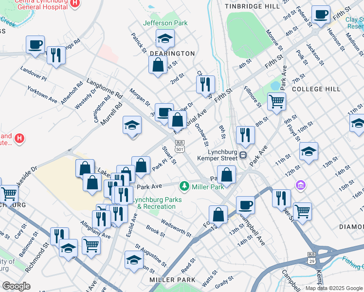 map of restaurants, bars, coffee shops, grocery stores, and more near 2025 Rose Lane in Lynchburg