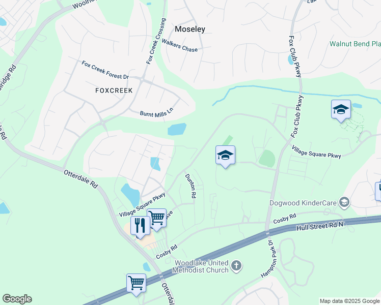 map of restaurants, bars, coffee shops, grocery stores, and more near 15801 Hallowell Ridge in Moseley