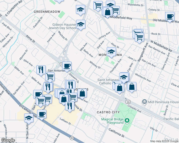 map of restaurants, bars, coffee shops, grocery stores, and more near 241 Diablo Avenue in Mountain View
