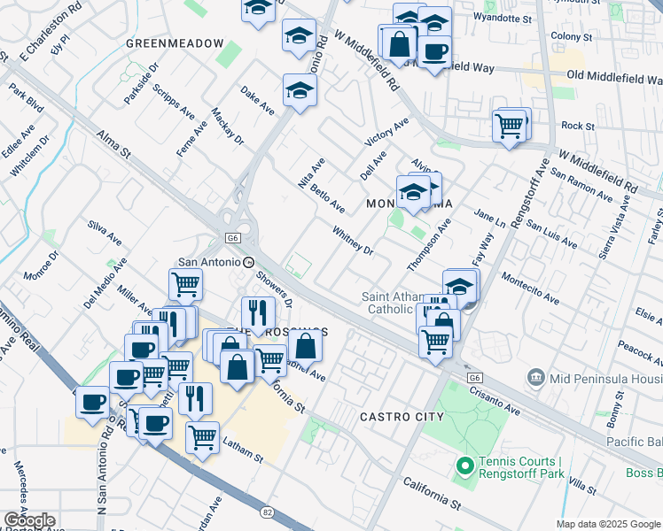 map of restaurants, bars, coffee shops, grocery stores, and more near 241 Diablo Avenue in Mountain View