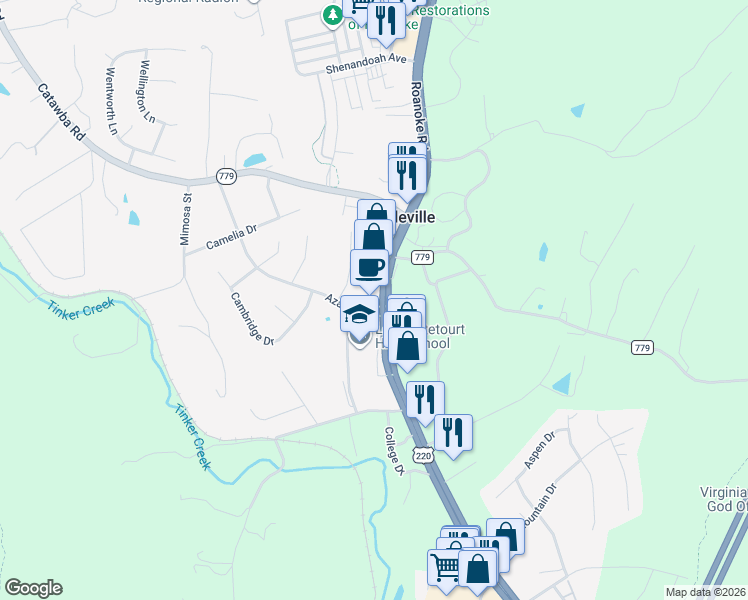 map of restaurants, bars, coffee shops, grocery stores, and more near 1597 Roanoke Road in Daleville