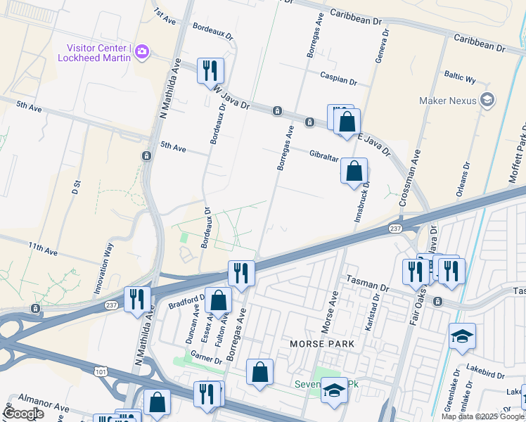 map of restaurants, bars, coffee shops, grocery stores, and more near 1195 Borregas Avenue in Sunnyvale