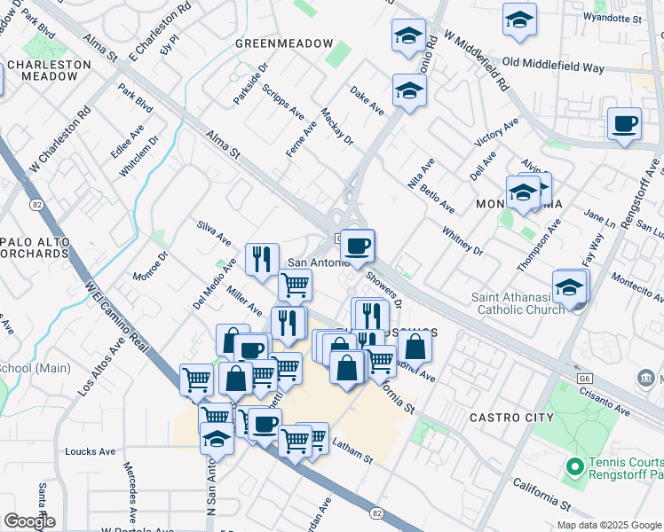 map of restaurants, bars, coffee shops, grocery stores, and more near 201 San Antonio Circle in Mountain View
