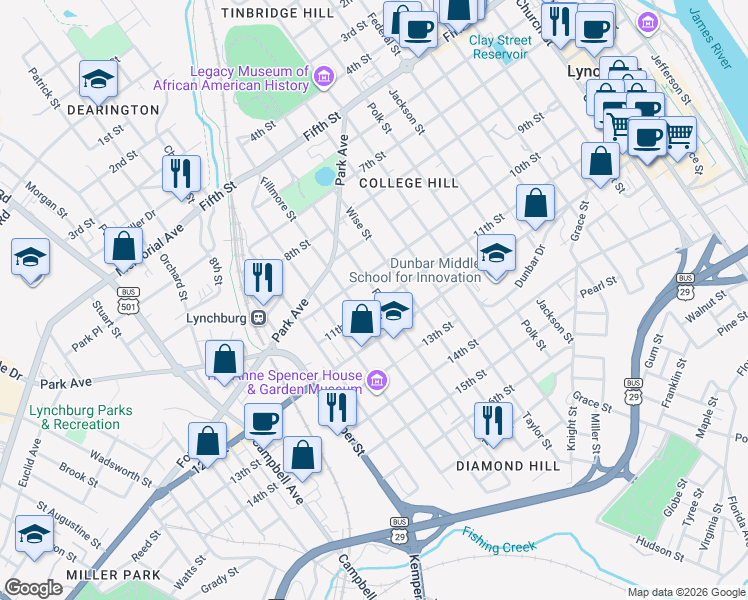 map of restaurants, bars, coffee shops, grocery stores, and more near 1021 Floyd Street in Lynchburg