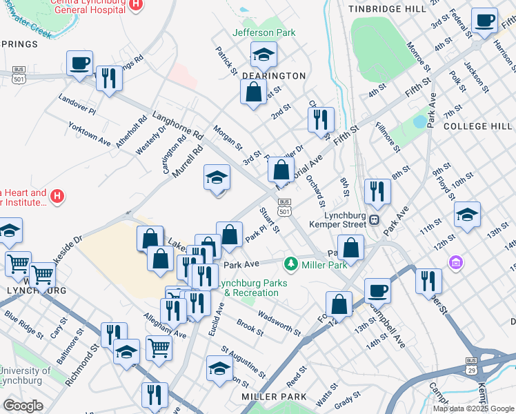 map of restaurants, bars, coffee shops, grocery stores, and more near 508a Stuart Street in Lynchburg