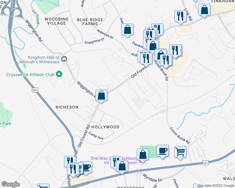 map of restaurants, bars, coffee shops, grocery stores, and more near 3625 Old Forest Rd in Lynchburg