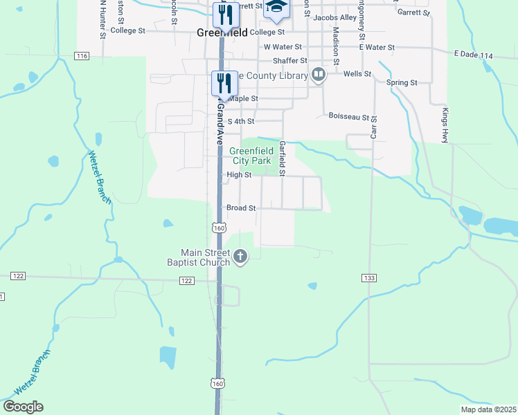 map of restaurants, bars, coffee shops, grocery stores, and more near 504 Broad Street in Greenfield