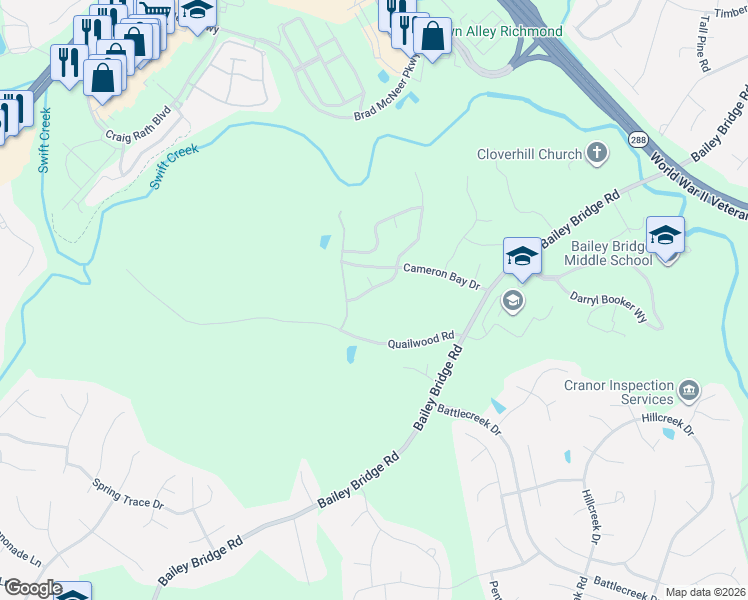 map of restaurants, bars, coffee shops, grocery stores, and more near 6201 Walking Path Lane in Midlothian