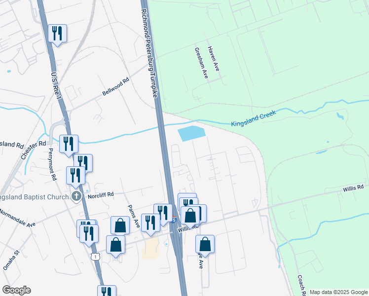 map of restaurants, bars, coffee shops, grocery stores, and more near 2201 Bellwood Road in Richmond