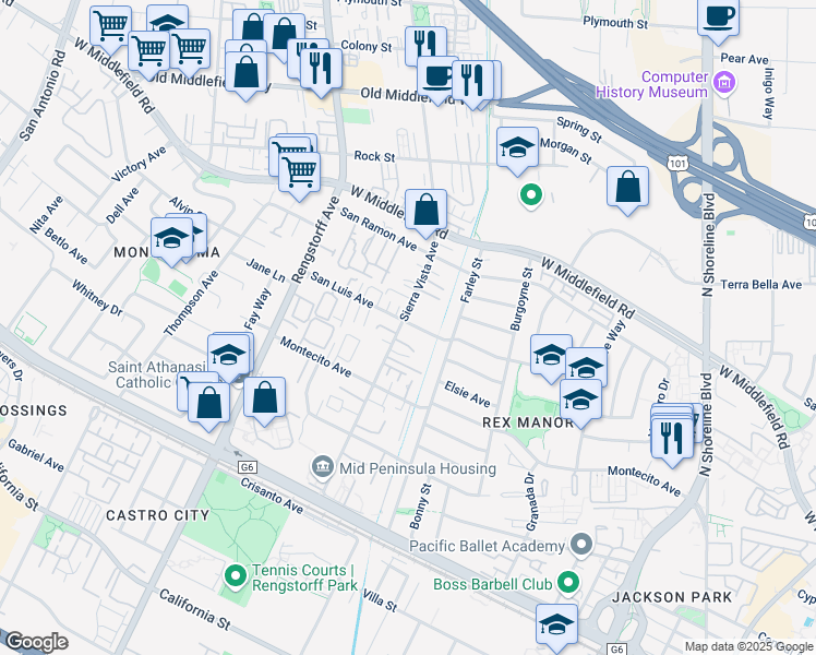 map of restaurants, bars, coffee shops, grocery stores, and more near 395 Sierra Vista Avenue in Mountain View