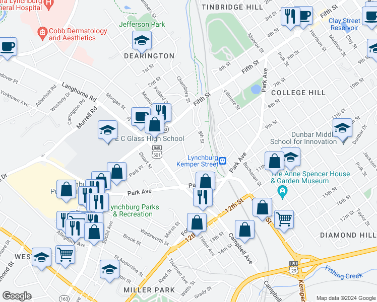 map of restaurants, bars, coffee shops, grocery stores, and more near 716 Orchard Street in Lynchburg