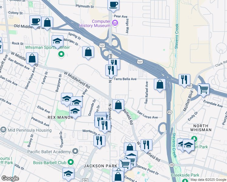 map of restaurants, bars, coffee shops, grocery stores, and more near 883 North Shoreline Boulevard in Mountain View
