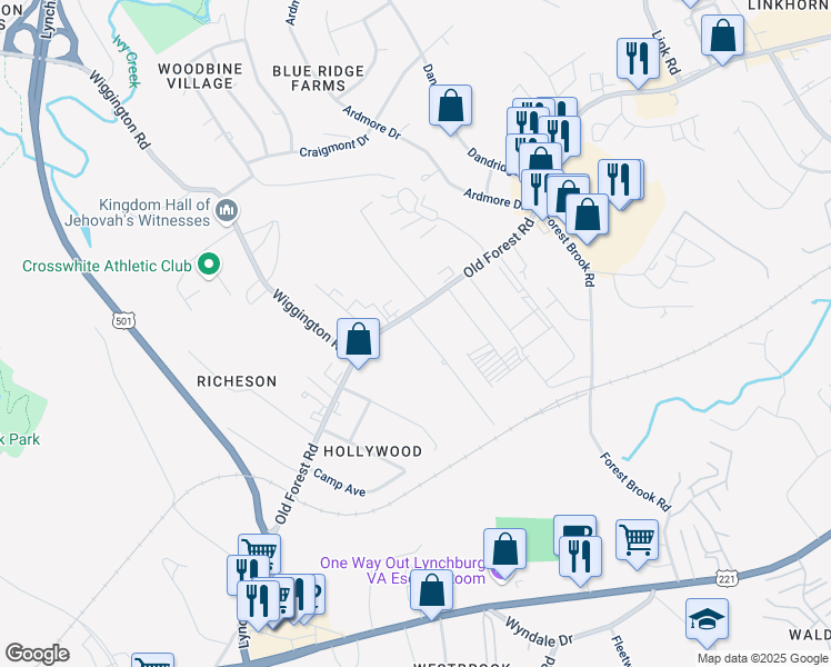 map of restaurants, bars, coffee shops, grocery stores, and more near 3625 Old Forest Rd in Lynchburg