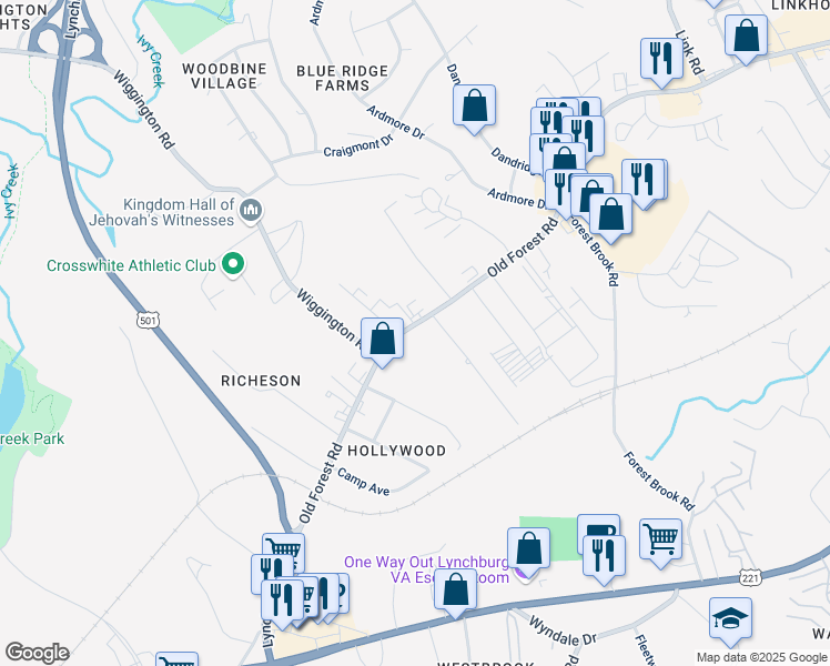map of restaurants, bars, coffee shops, grocery stores, and more near 3625 Old Forest Road in Lynchburg