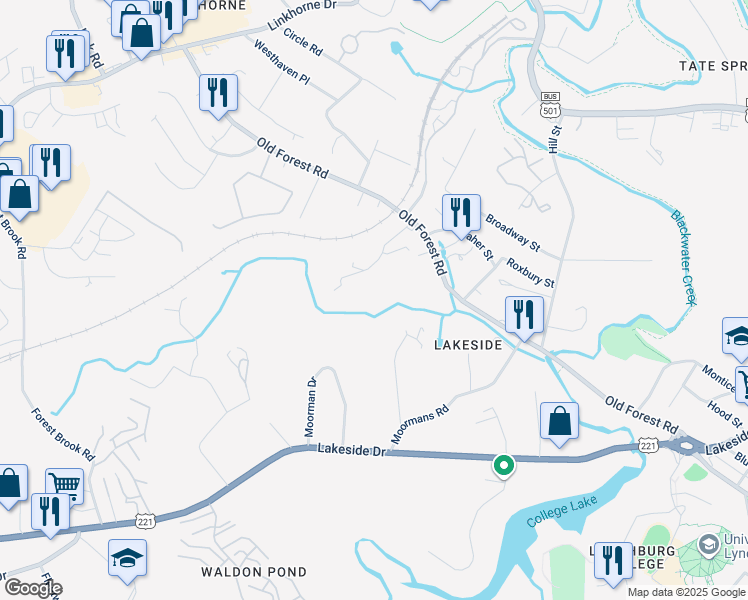 map of restaurants, bars, coffee shops, grocery stores, and more near 3420 Lawson Street in Lynchburg