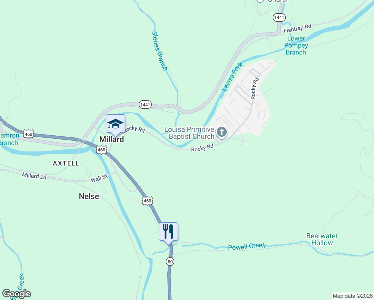 map of restaurants, bars, coffee shops, grocery stores, and more near 315 Rocky Road in Pikeville