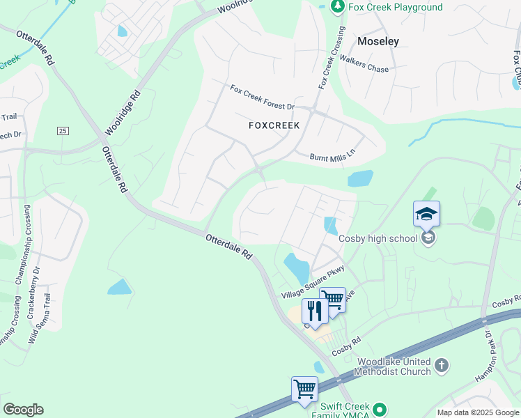 map of restaurants, bars, coffee shops, grocery stores, and more near 16018 HIdden Sedge Court in Moseley