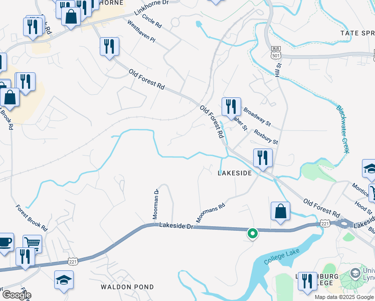 map of restaurants, bars, coffee shops, grocery stores, and more near 3420 Lawson Street in Lynchburg