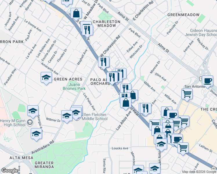 map of restaurants, bars, coffee shops, grocery stores, and more near 4250 El Camino Real in Palo Alto