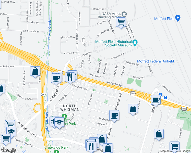 map of restaurants, bars, coffee shops, grocery stores, and more near 768 Macon Drive in Mountain View