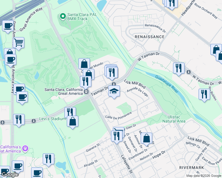 map of restaurants, bars, coffee shops, grocery stores, and more near 5070 Plaza Corona in Santa Clara