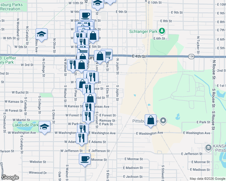 map of restaurants, bars, coffee shops, grocery stores, and more near 306 East Rose Street in Pittsburg