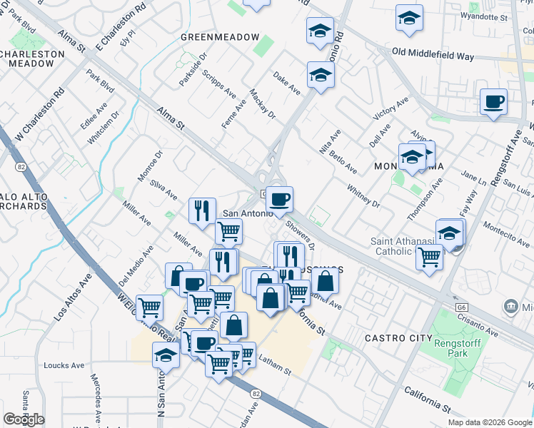 map of restaurants, bars, coffee shops, grocery stores, and more near 2225 Showers Drive in Mountain View