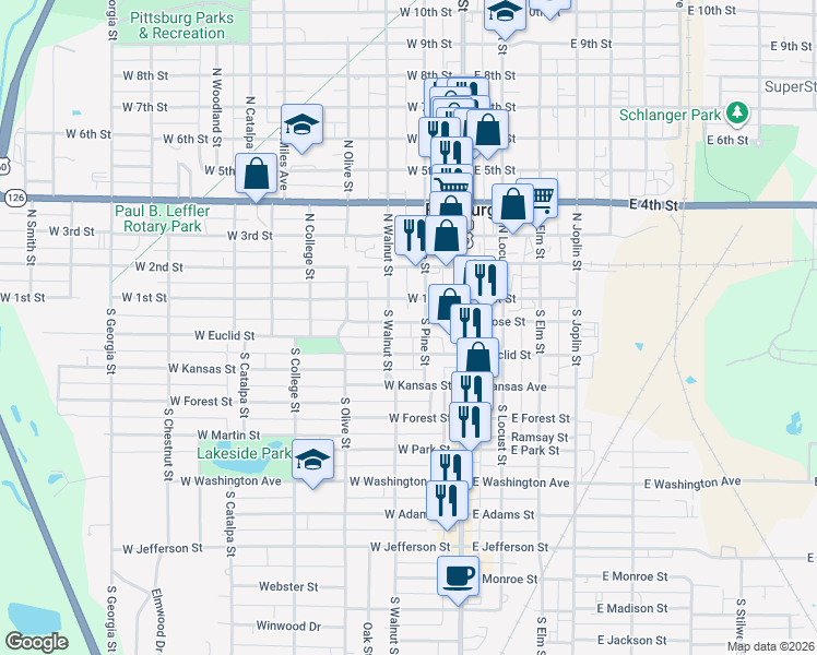 map of restaurants, bars, coffee shops, grocery stores, and more near 205 West Rose Street in Pittsburg