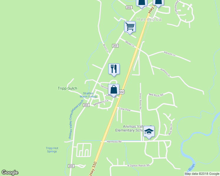 map of restaurants, bars, coffee shops, grocery stores, and more near 113 Hermosa Cir in Durango